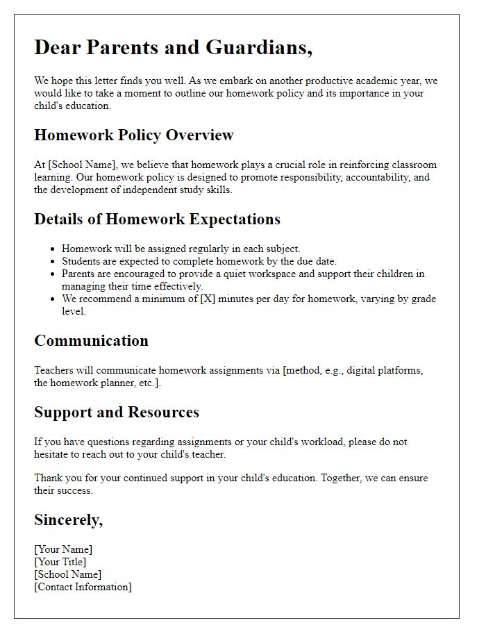 Letter template of homework policy for parents