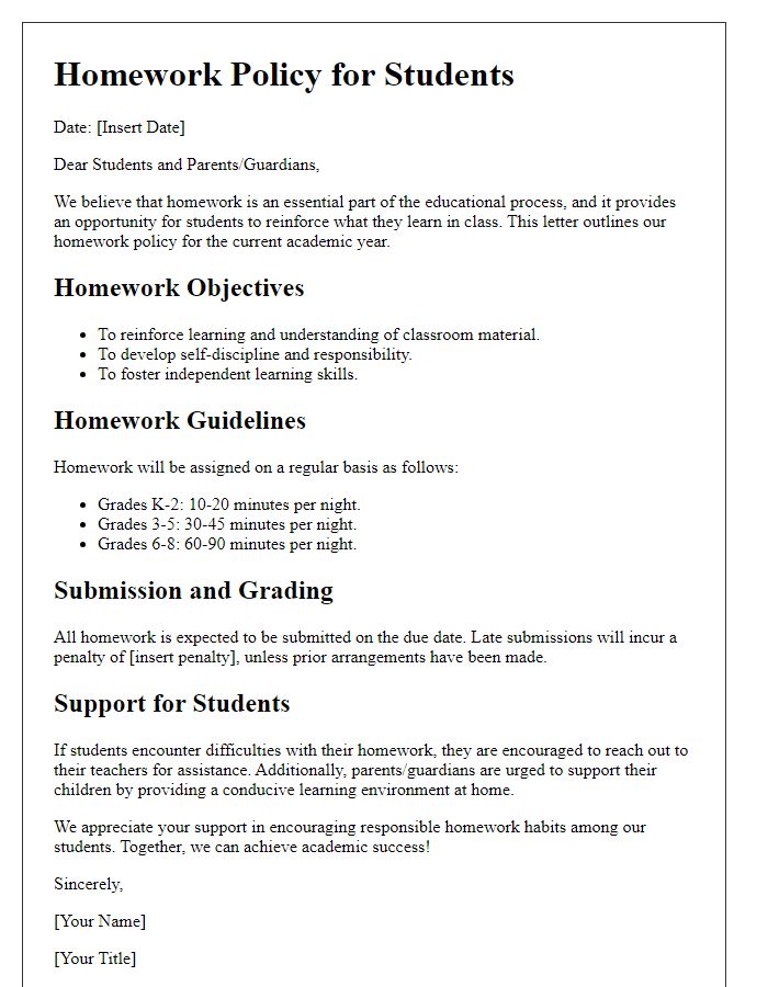 Letter template of homework policy for students