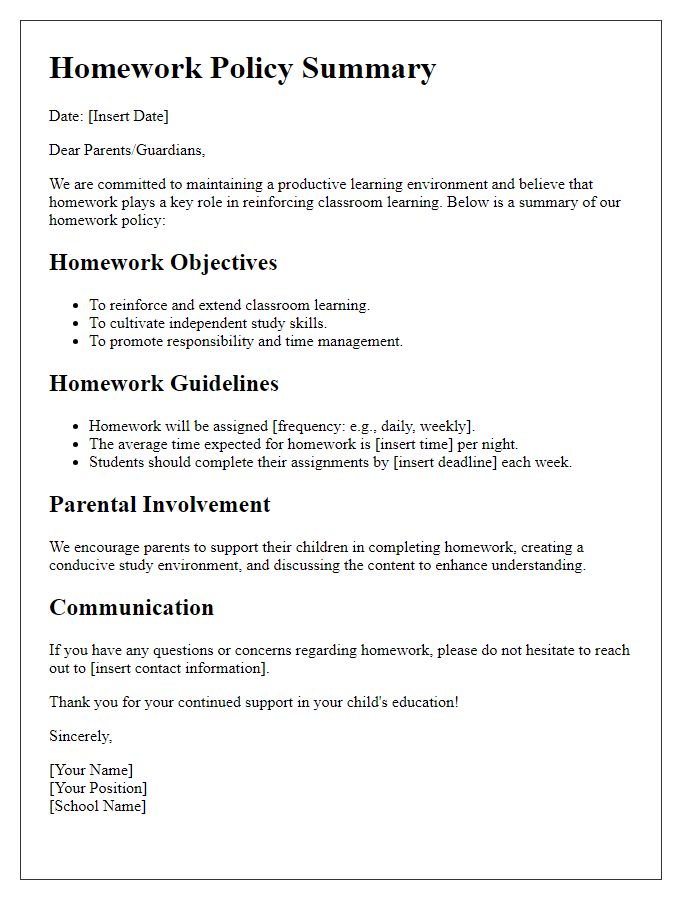 Letter template of homework policy summary