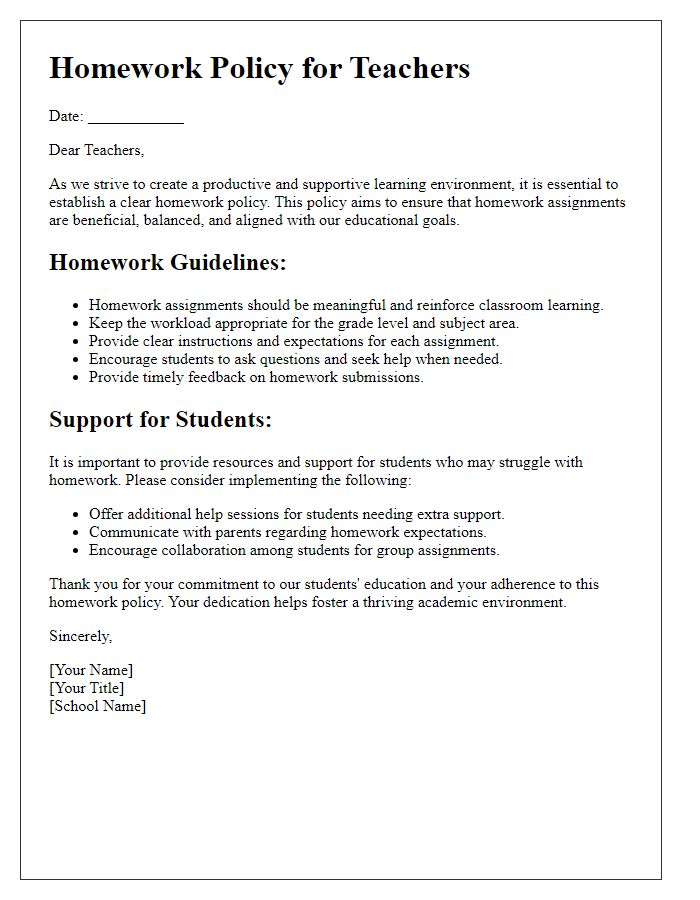 Letter template of homework policy for teachers