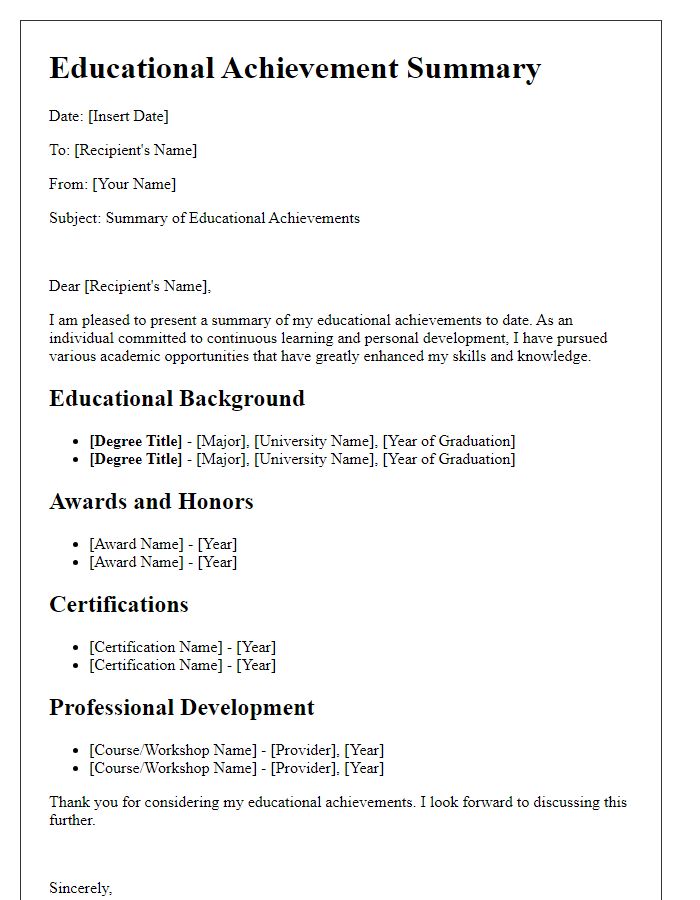 Letter template of Educational Achievement Summary