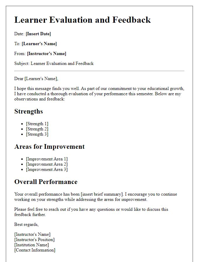 Letter template of Learner Evaluation and Feedback