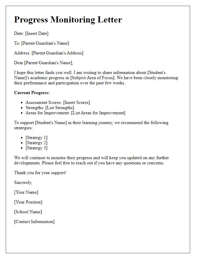 Letter template of Progress Monitoring for Students