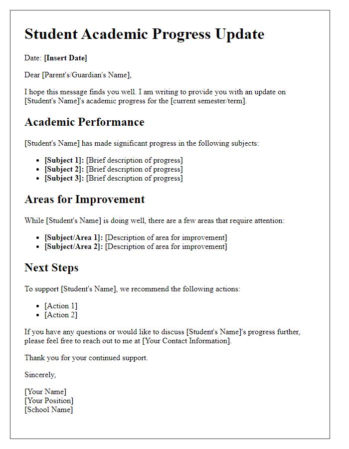 Letter template of Student Academic Progress Update