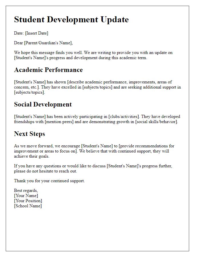 Letter template of Student Development Update