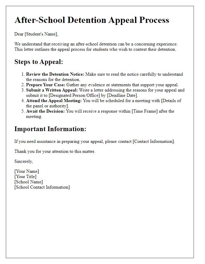 Letter template of After-School Detention Appeal Process Information