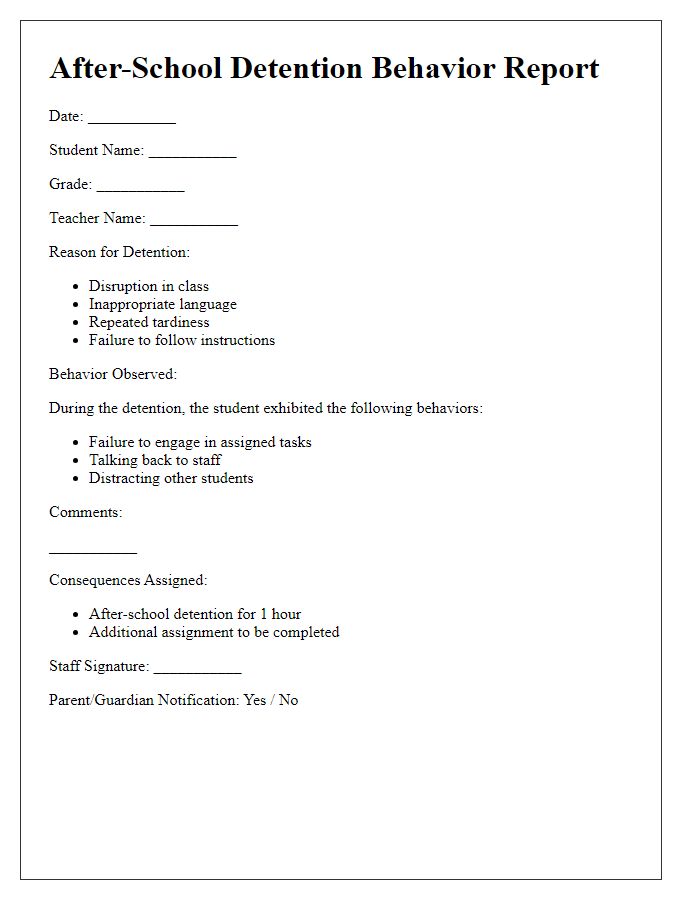 Letter template of After-School Detention Behavior Report