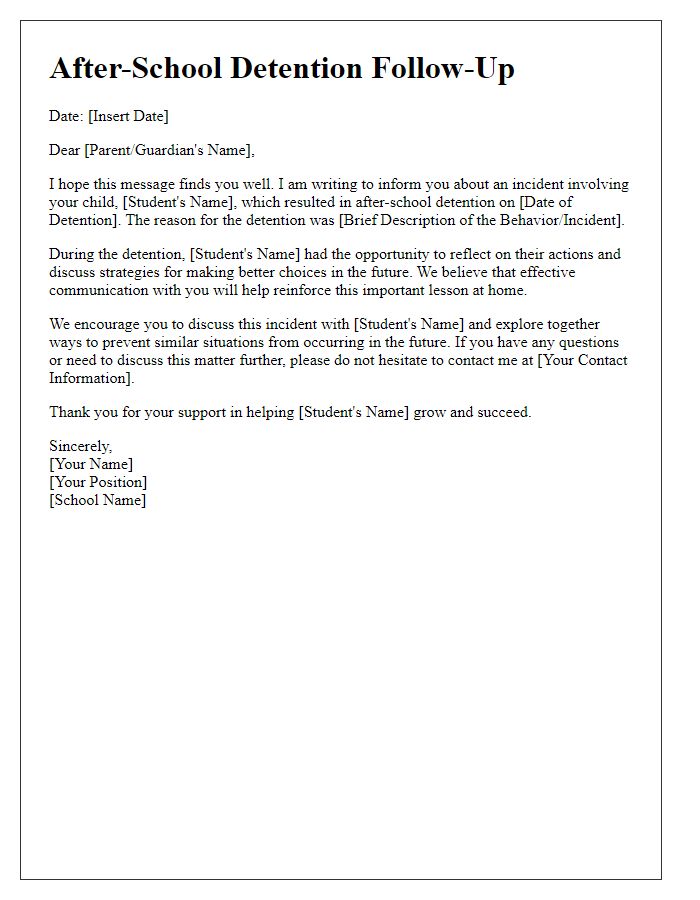 Letter template of After-School Detention Follow-Up Communication