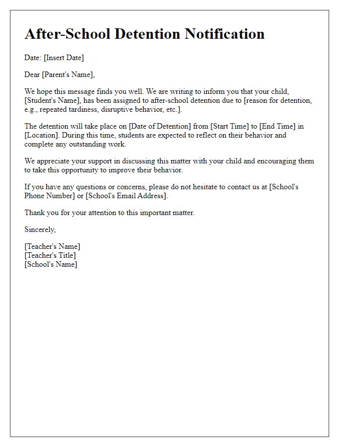 Letter template of After-School Detention Notification for Parents