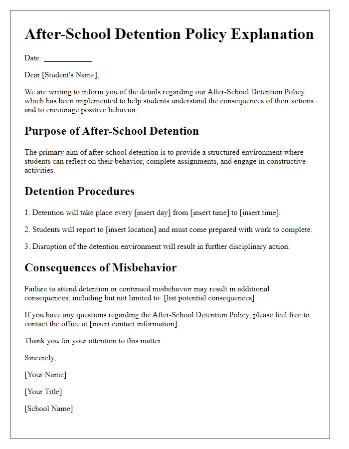 Letter template of After-School Detention Policy Explanation