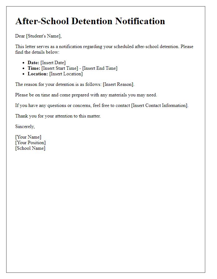 Letter template of After-School Detention Schedule Notification