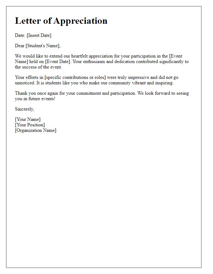 Letter template of appreciation for student event participation