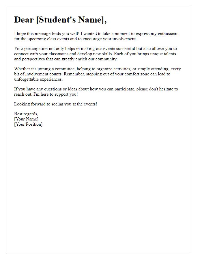 Letter template of encouragement for student involvement in class events