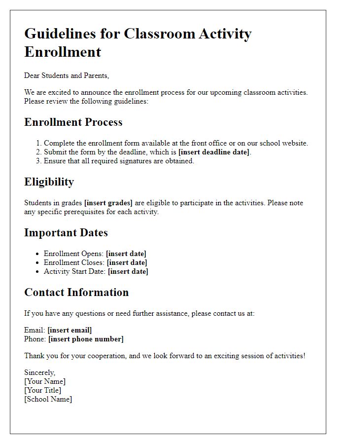 Letter template of guidelines for classroom activity enrollment