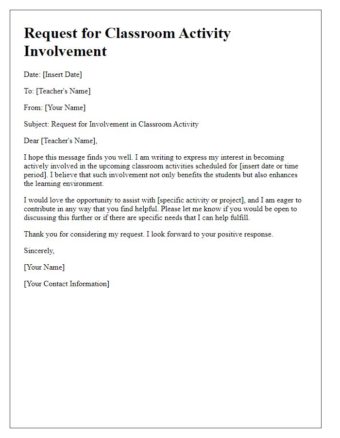 Letter template of request for classroom activity involvement