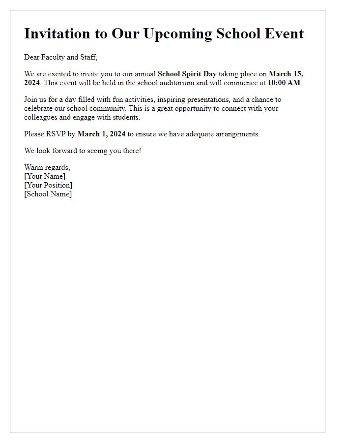 Letter template of school event invitation for faculty and staff.