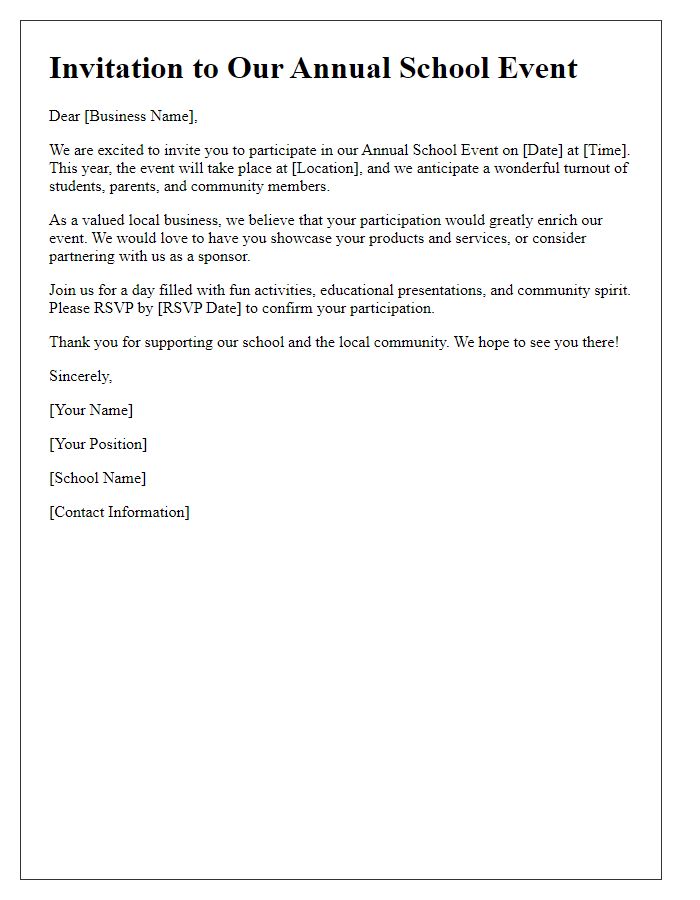 Letter template of school event invitation for local businesses.