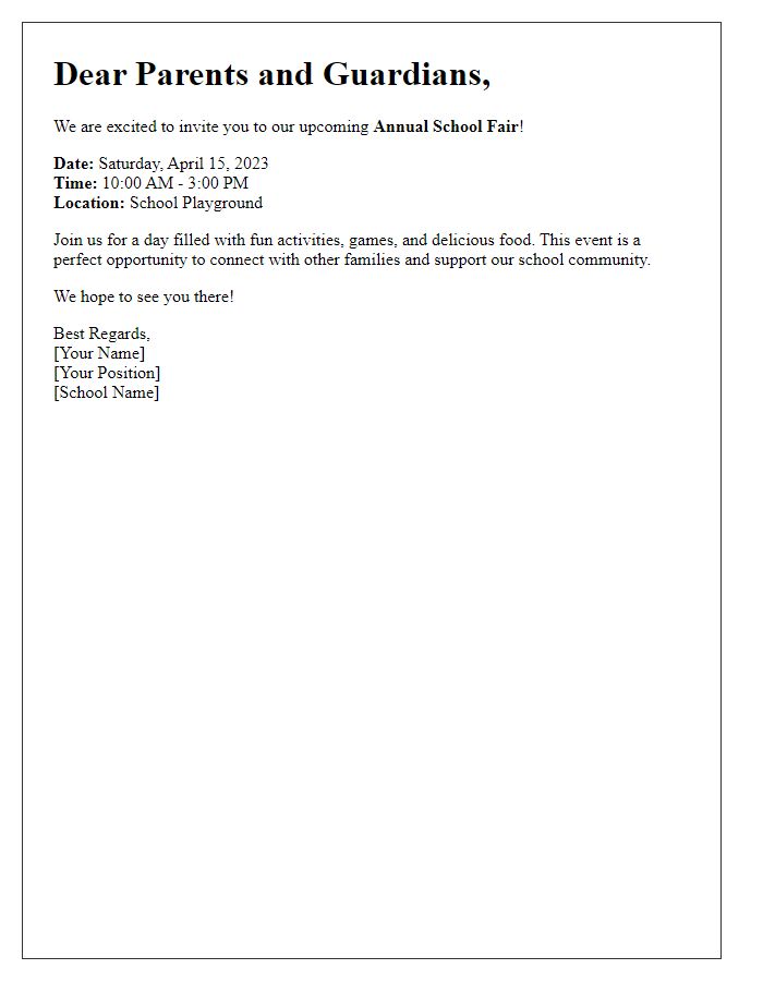 Letter template of school event invitation for parents and guardians.