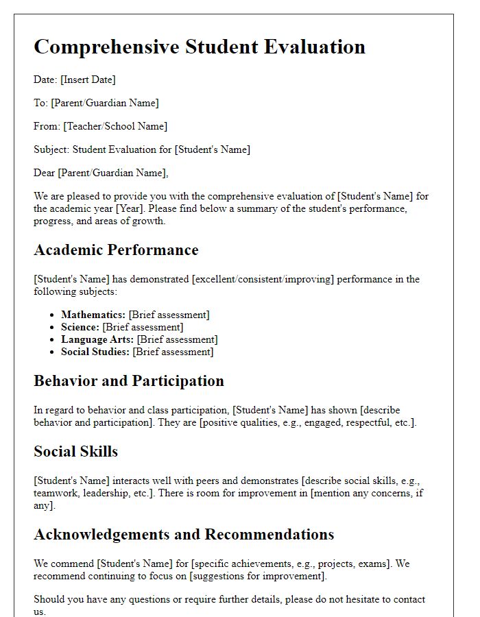 Letter template of comprehensive student evaluation for the academic year.