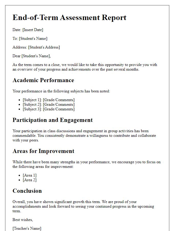 Letter template of end-of-term student assessment.