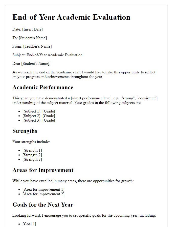 Letter template of end-of-year academic evaluation for students.