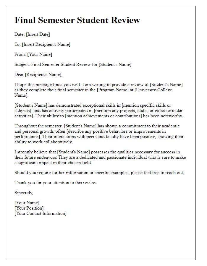 Letter template of final semester student review.