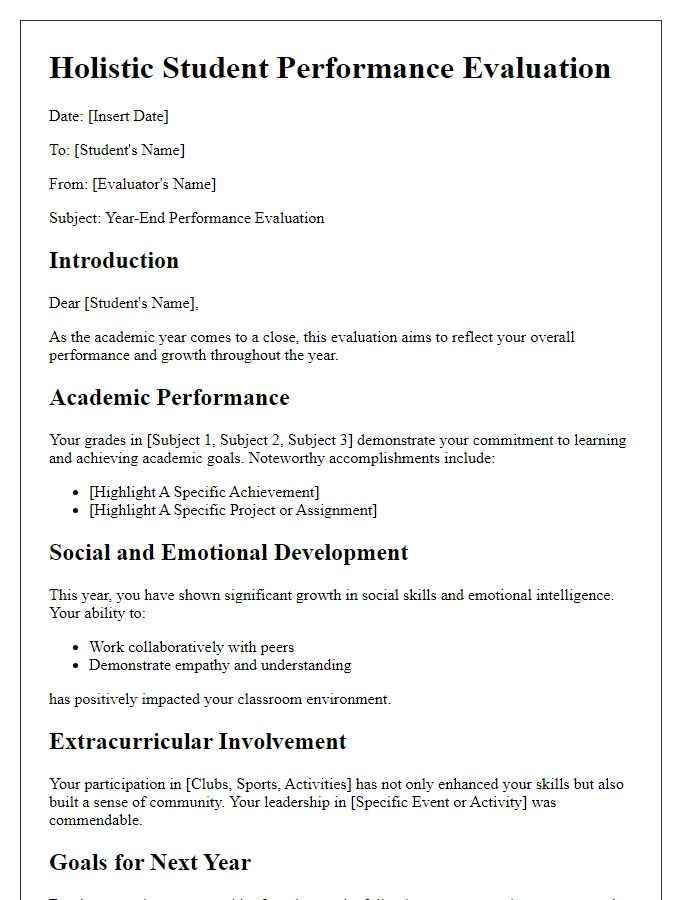 Letter template of holistic student performance evaluation at year-end.