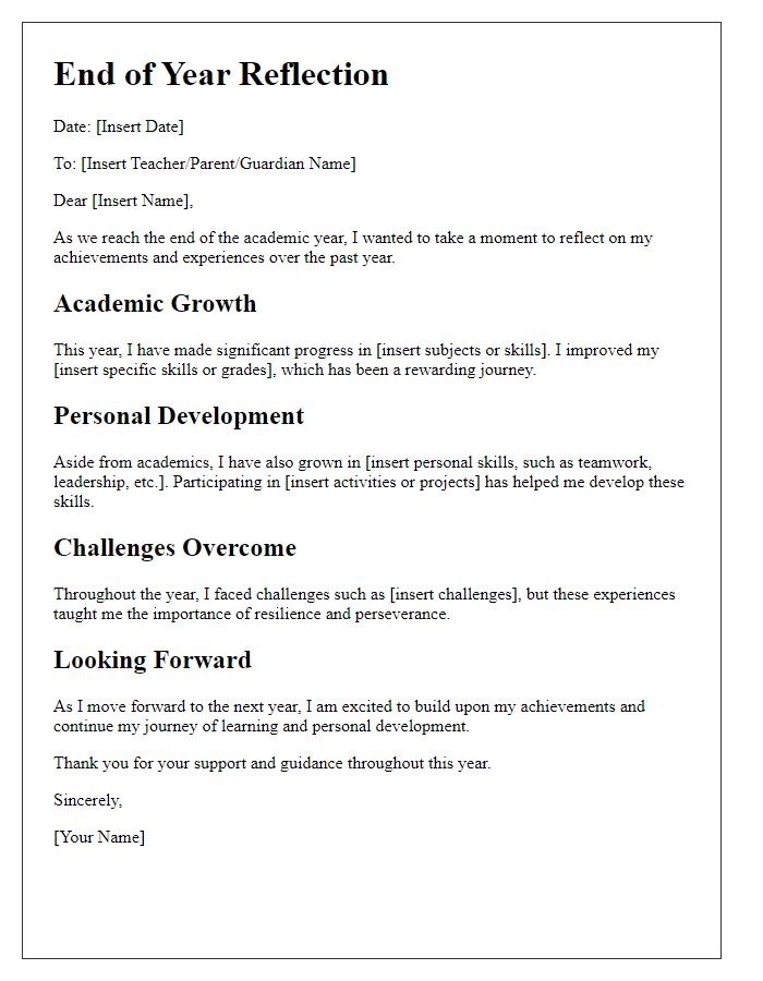 Letter template of student achievement reflection at year-end.