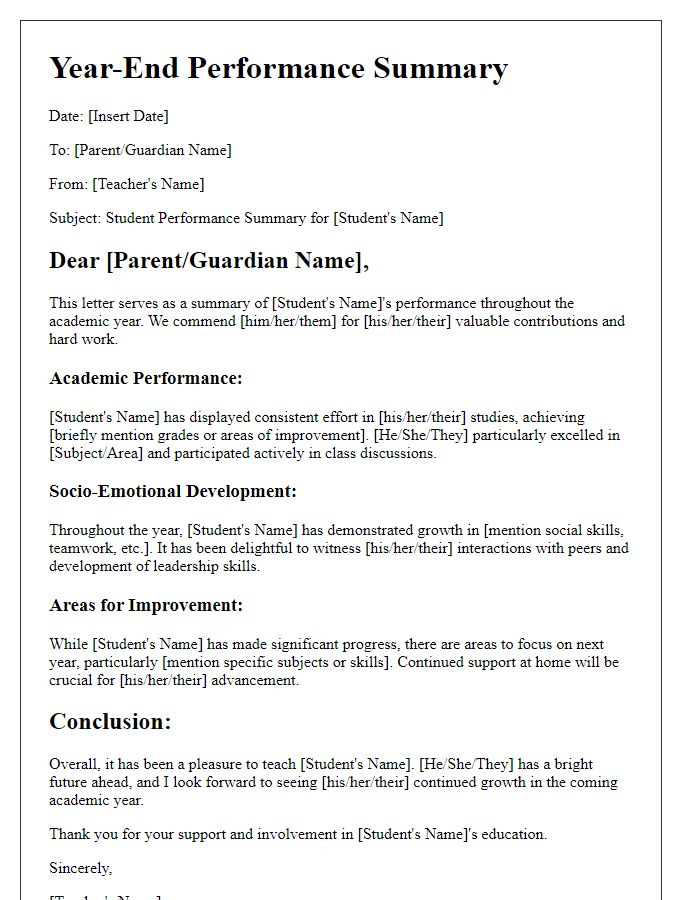 Letter template of student performance summary at year-end.