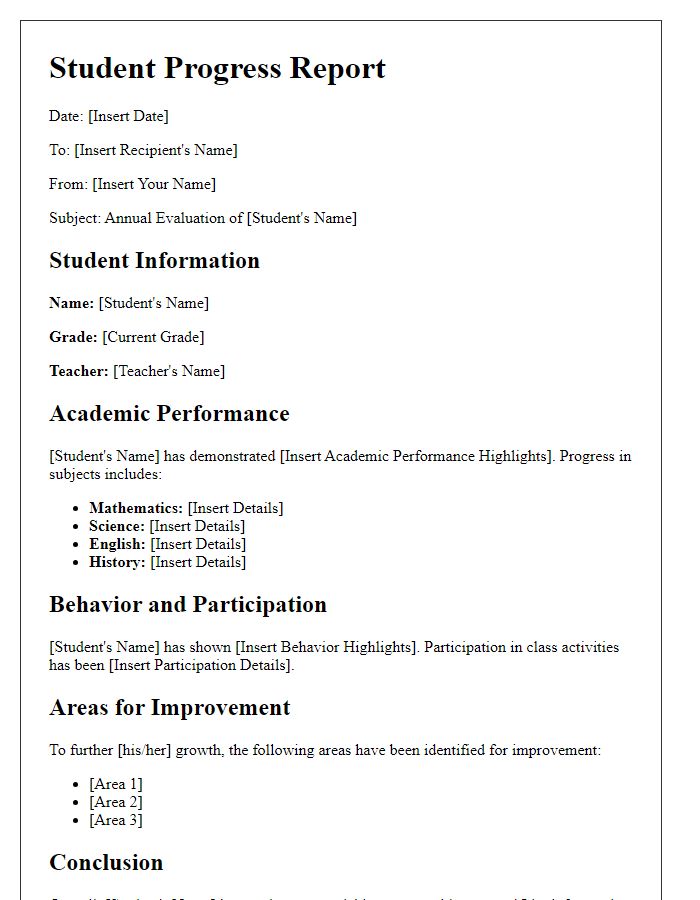 Letter template of student progress report for annual evaluation.