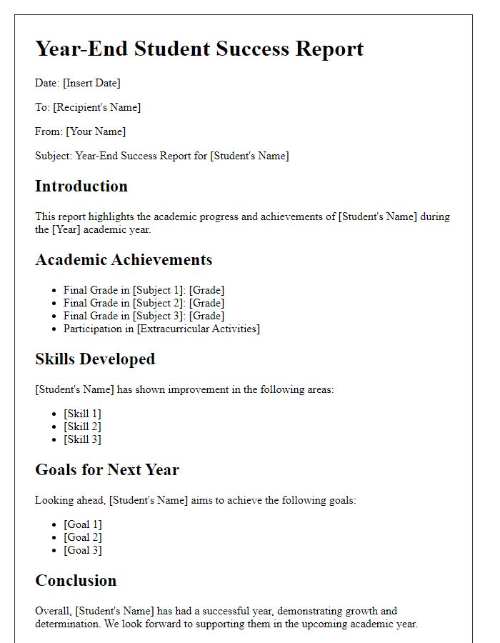 Letter template of student success report for year-end review.