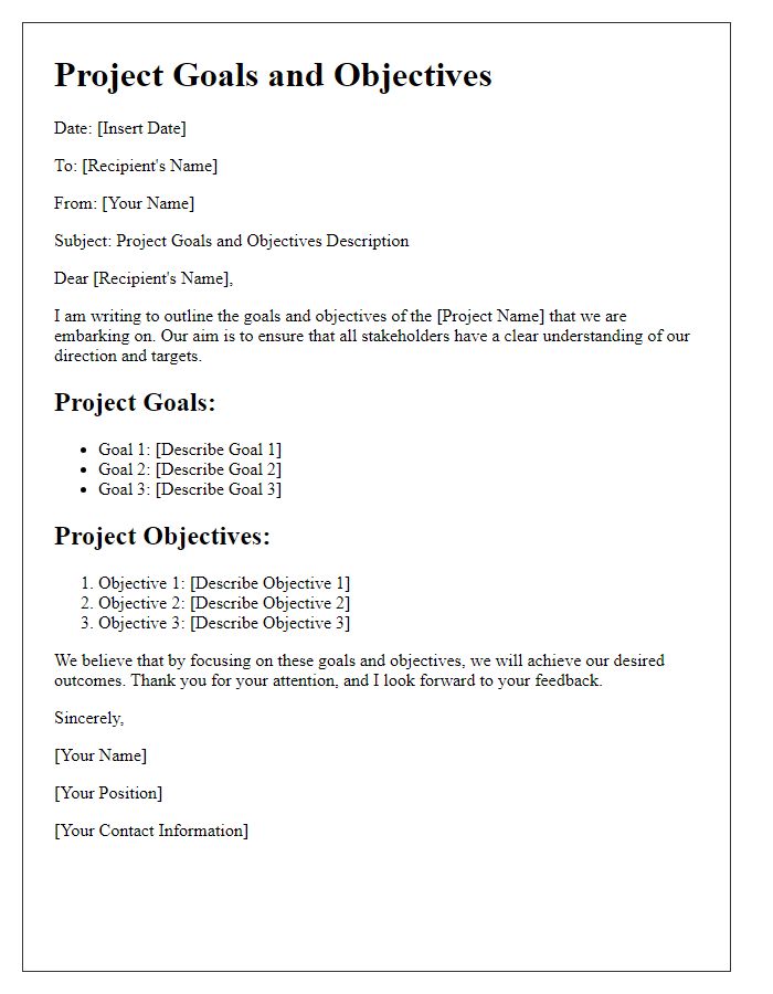 Letter template of project goals and objectives description