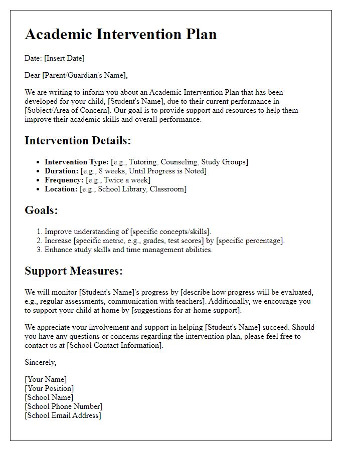 Letter template of academic intervention plan for underperforming learners.