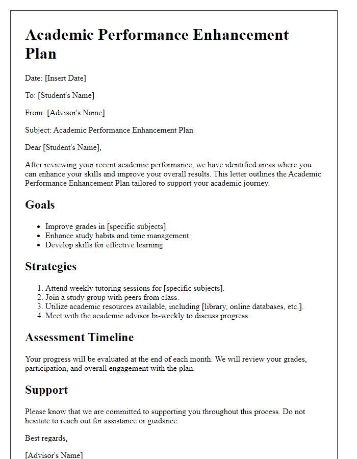 Letter template of academic performance enhancement plan for students.