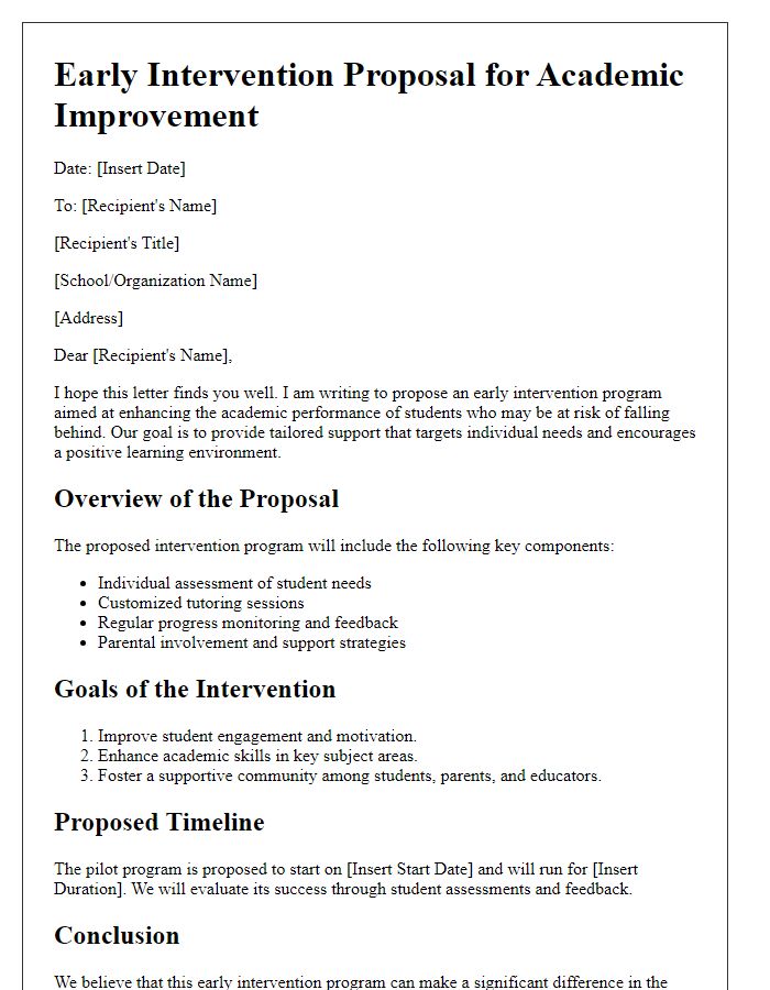 Letter template of early intervention proposal for academic improvement.