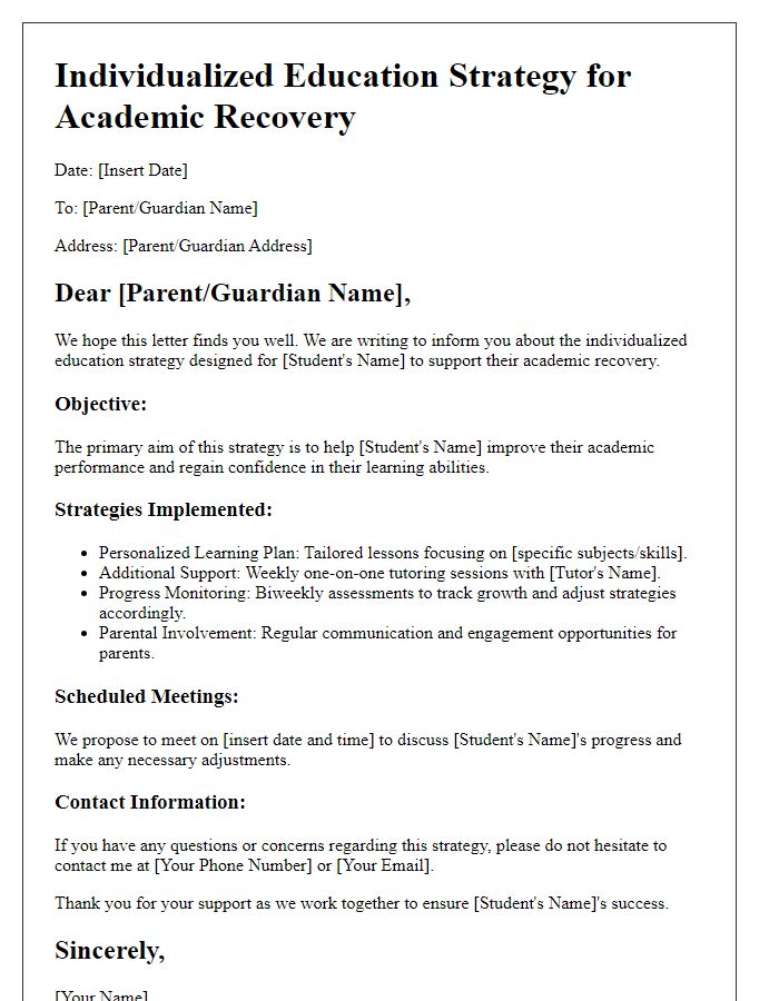 Letter template of individualized education strategy for academic recovery.