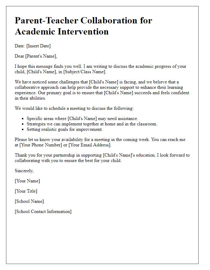 Letter template of parent-teacher collaboration for academic intervention.