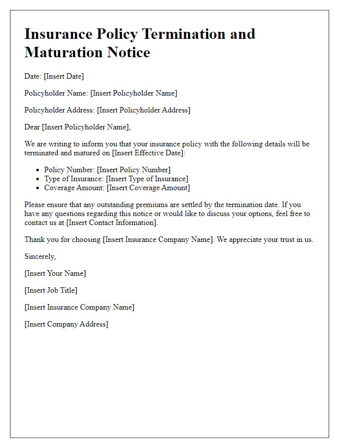 Letter template of insurance policy termination and maturation notice