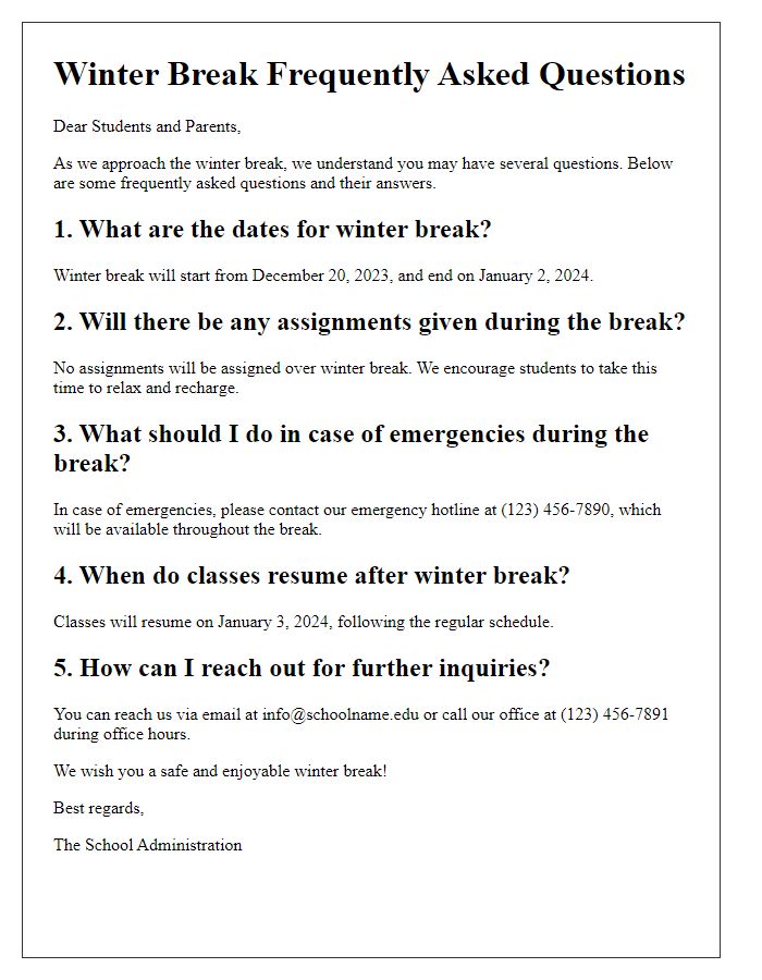 Letter template of winter break FAQs for inquiries