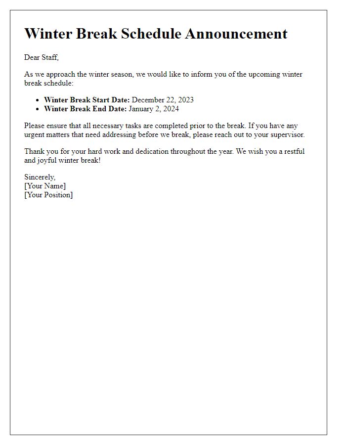 Letter template of winter break schedule for staff
