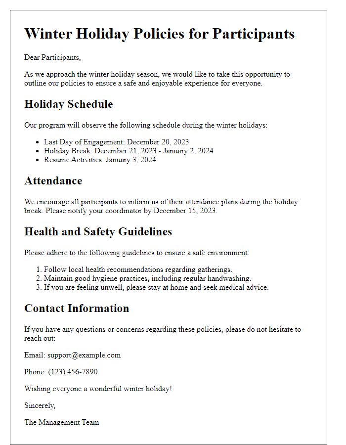 Letter template of winter holiday policies for participants