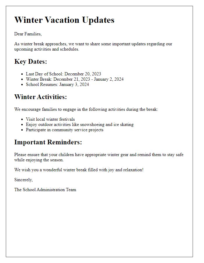 Letter template of winter vacation updates for families