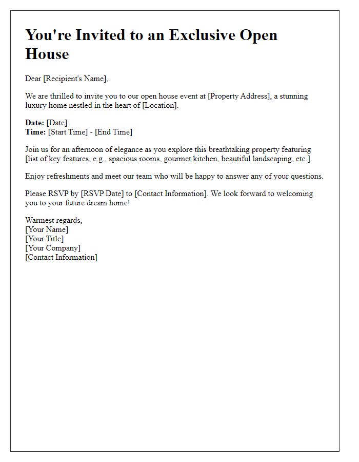 Letter template of an open house invitation for a luxury home.