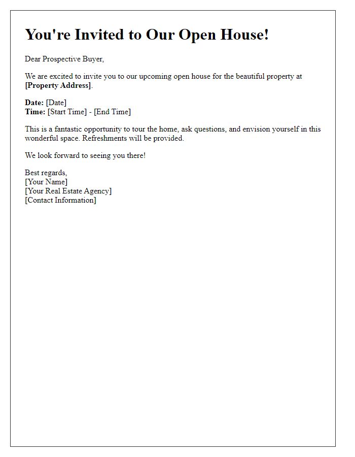 Letter template of an open house invitation for prospective buyers.