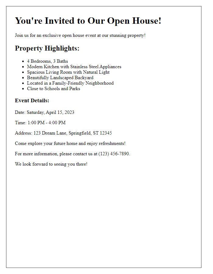 Letter template of an open house invitation showcasing property highlights.