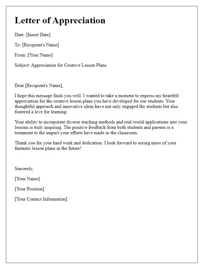 Letter template of appreciation for creative lesson plans