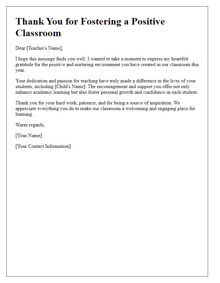 Letter template of thanks for fostering a positive classroom