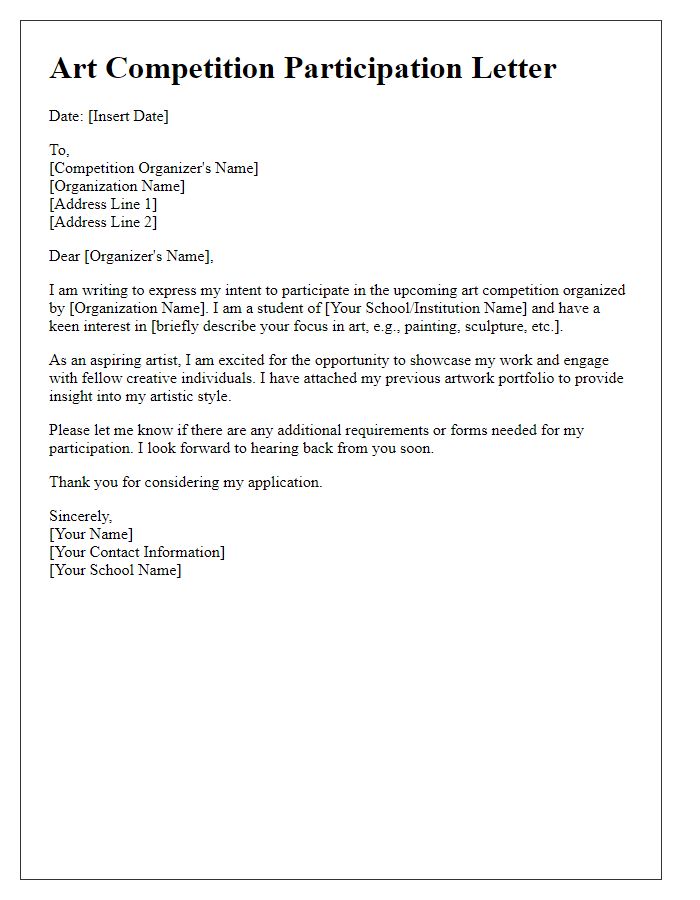 Letter template of student contest participation for art competition.