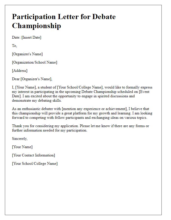 Letter template of student contest participation for debate championship.