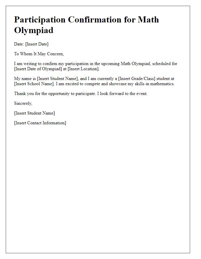 Letter template of student contest participation for math Olympiad.